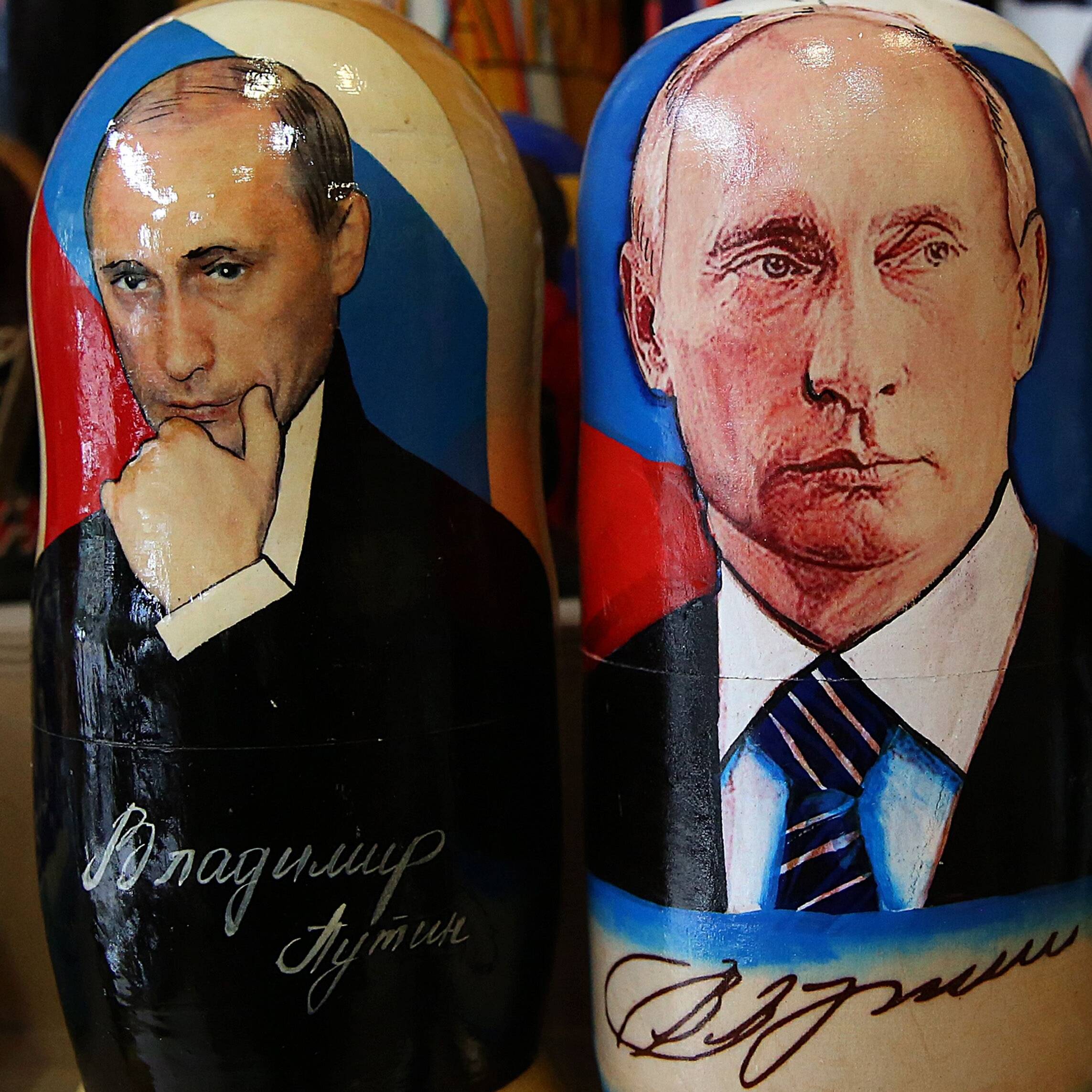 Matryoshka dolls depicting Russian President Vladimir Putin at a Russian souvenir shop in Athens on March 14. (Orestis Panagiotou/EPA-EFE/REX/Shutterstock)