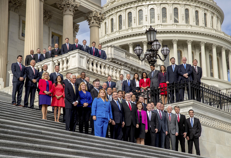 Newly-elected House members gather for a freshman class photo on the Capitol steps yesterday. (Andrew Harnik/AP)</p>  