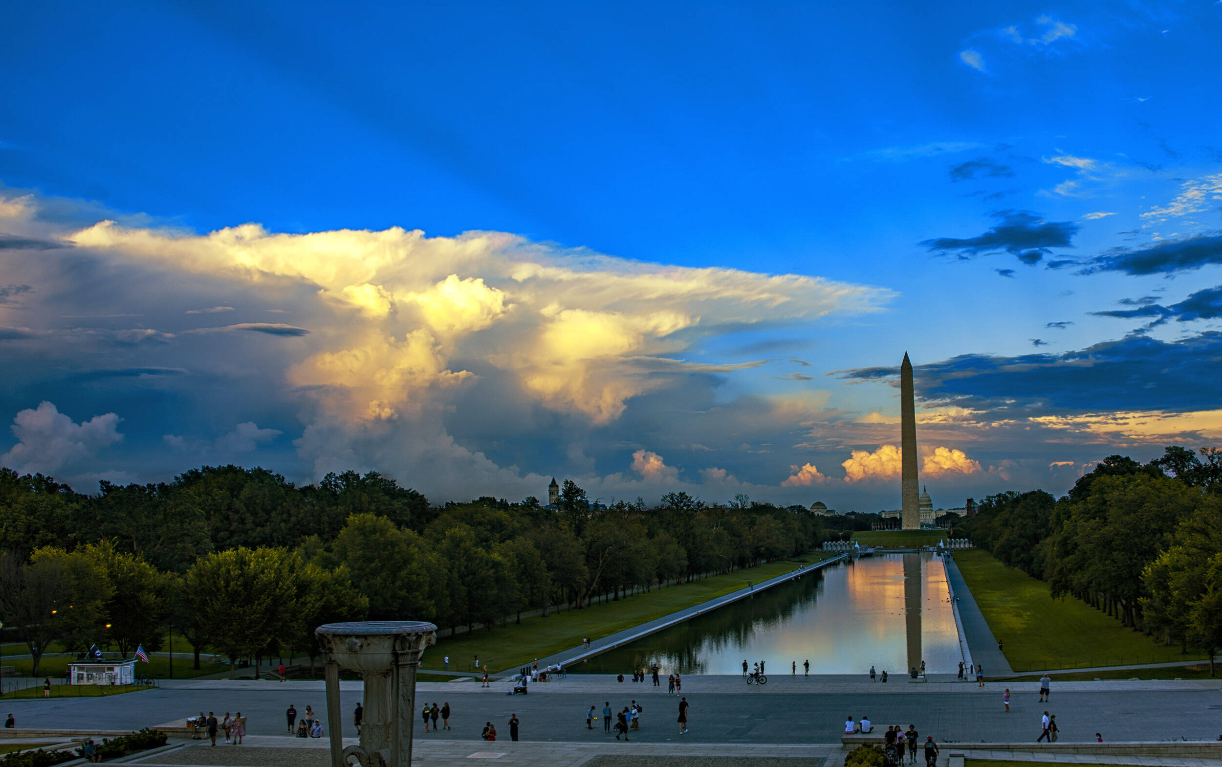 Sunset yesterday from the Lincoln Memorial, with a thunderstorm in the distance.