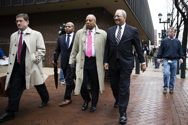 Chaka Fattah&nbsp;exits the federal courthouse after his sentencing hearing in Philadelphia yesterday. (Matt Rourke/AP)</p>  