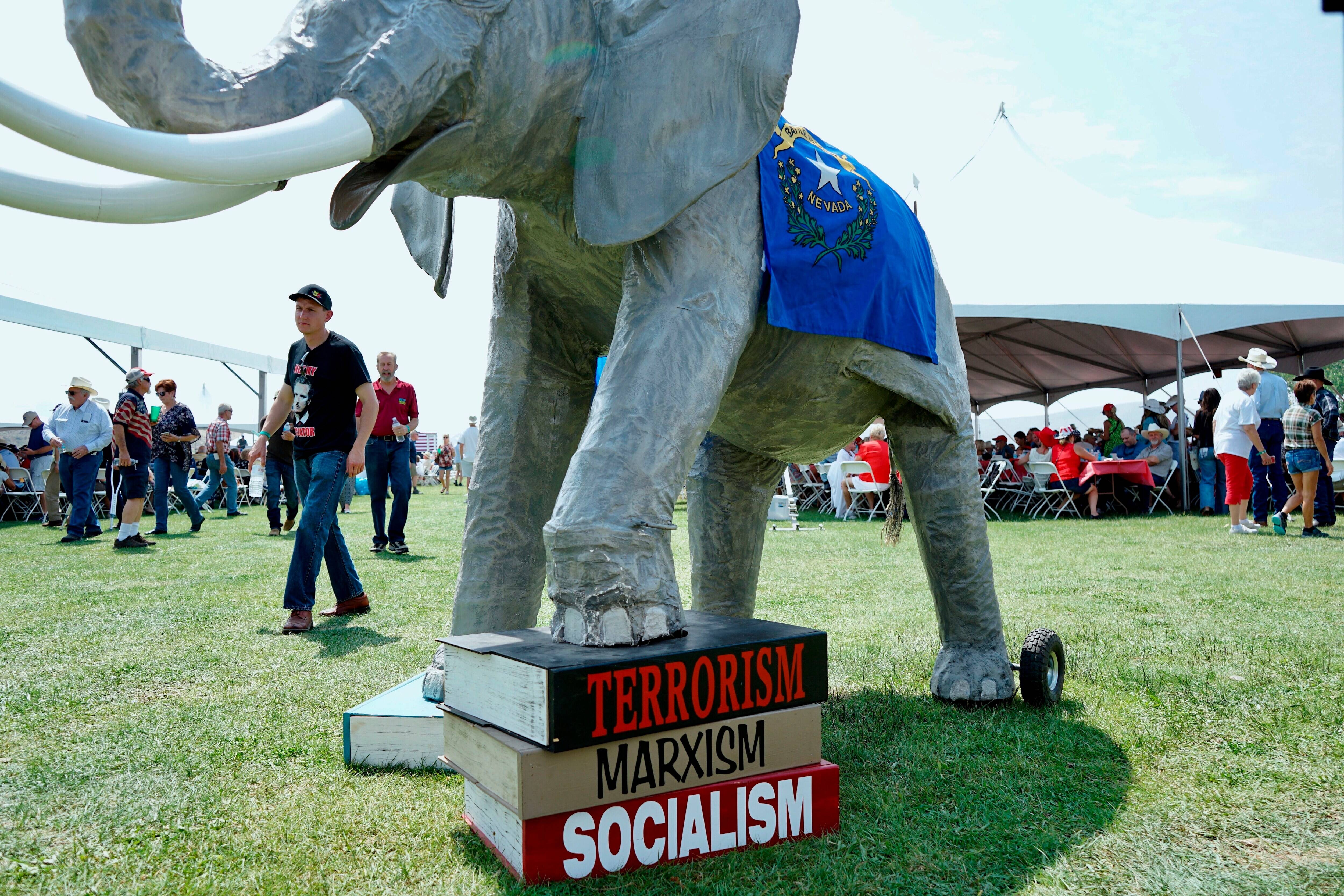 A Republican display is seen at the Morning in Nevada PAC's Basque Fry at Corley Ranch on Aug. 14, 2021, in Gardnerville, Nev. (Sam Metz/AP)