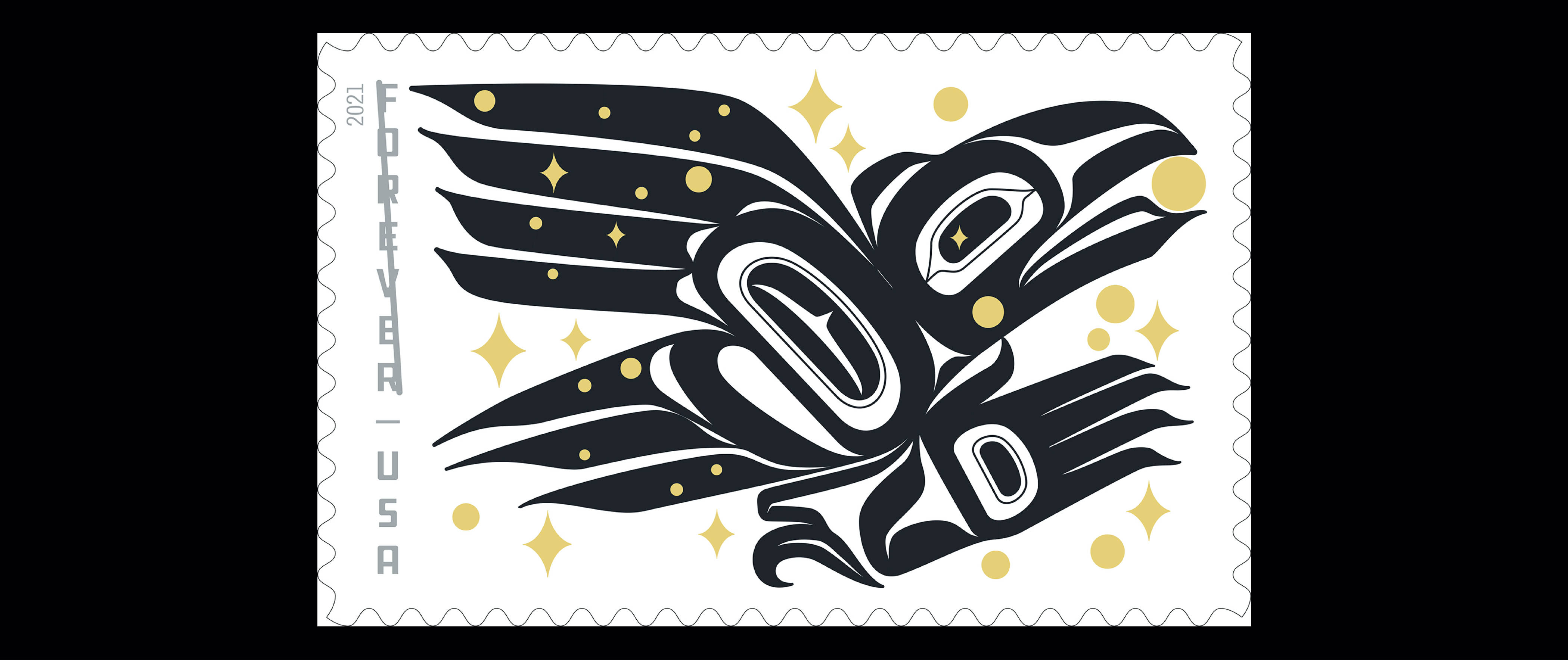 The Raven Story stamp, designed by Rico Worl, will be issued today in Juneau, Alaska, by the United States Postal Service. (©2020 USPS)