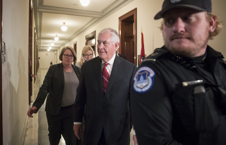 Rex Tillerson arrives for a meeting with Chris Coons at the Capitol. (J. Scott Applewhite/AP)</p>  