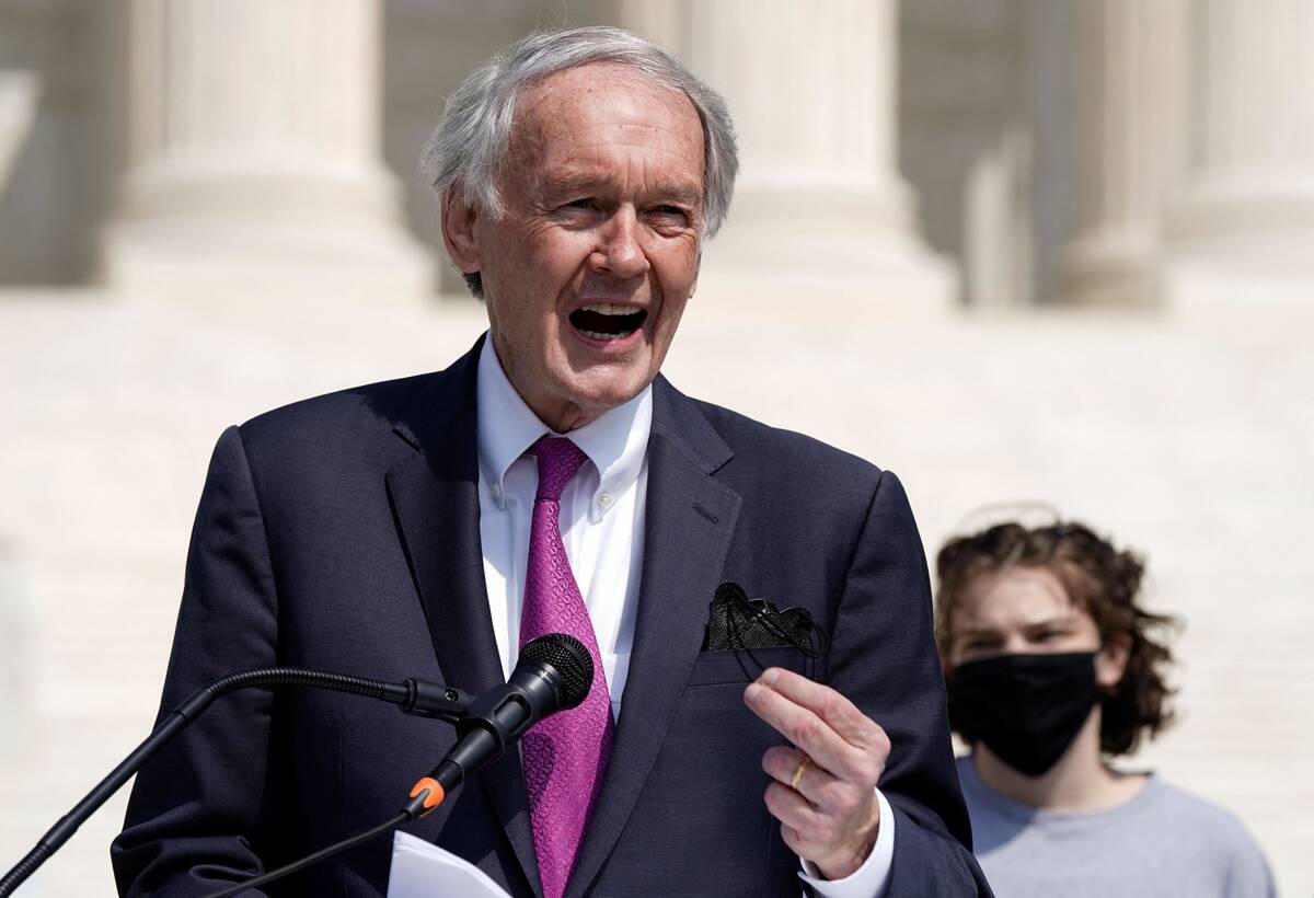 Sen. Ed Markey (D-Mass.) speaks during an abortion rights protest outside the Supreme Court on May 3. (Elizabeth Frantz/Reuters)