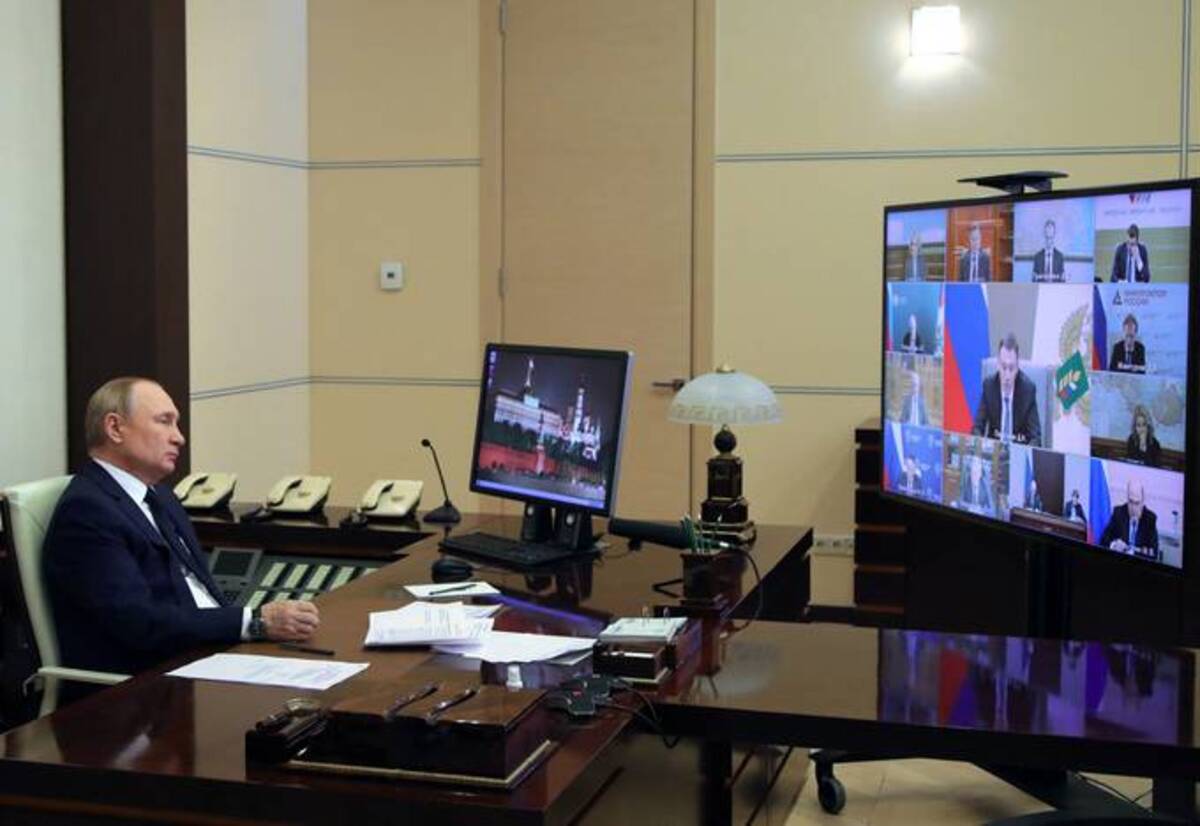 Russian President Vladimir Putin chairs a government meeting via a video link in Moscow on Wednesday. (Mikhail Klimentyev/Sputknik/AFP via Getty Images)