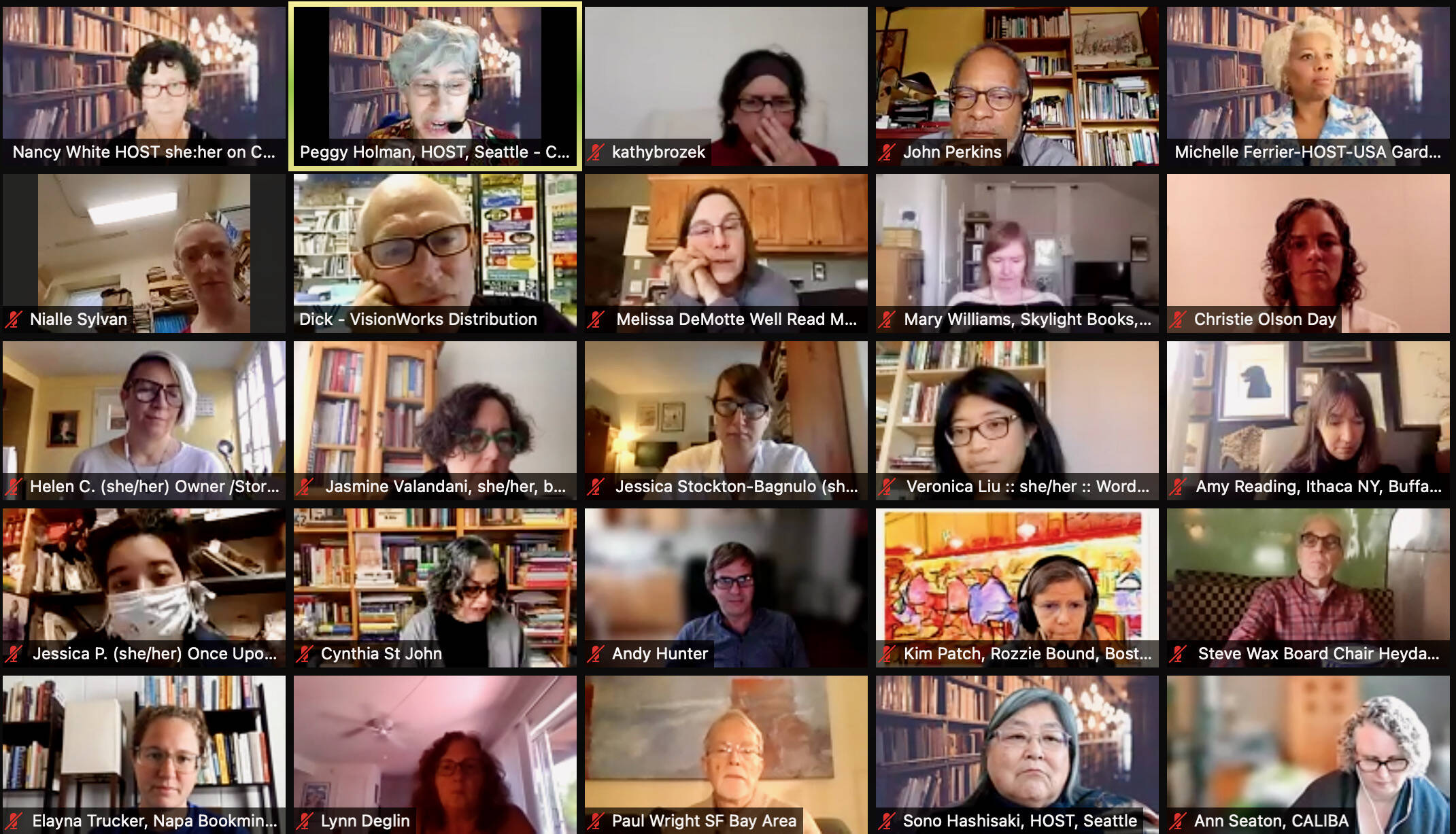 Some of the hundreds of participants in the virtual Reimagining Bookstores conference on Oct. 18 and 19, 2021. (Screen shot)