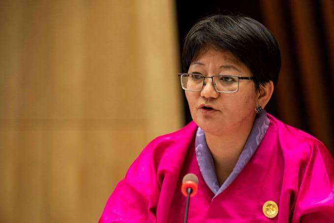 Dechen Wangmo, Bhutan minister for health and president of the 74th World Health Assembly, delivering a speech in Geneva on Monday. (Christopher Black/ AFP)