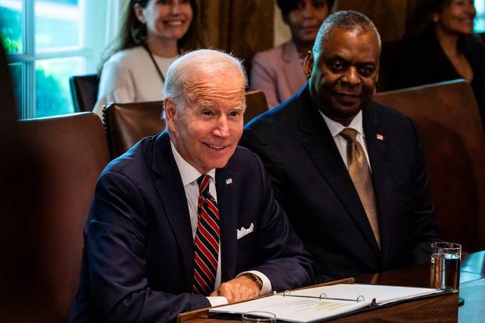 President Biden delivers remarks during a Cabinet meeting in the Cabinet Room of the White House on Tuesday September 6, 2022. To the right is Secretary of Defense Lloyd Austin. (Demetrius Freeman/The Washington Post)