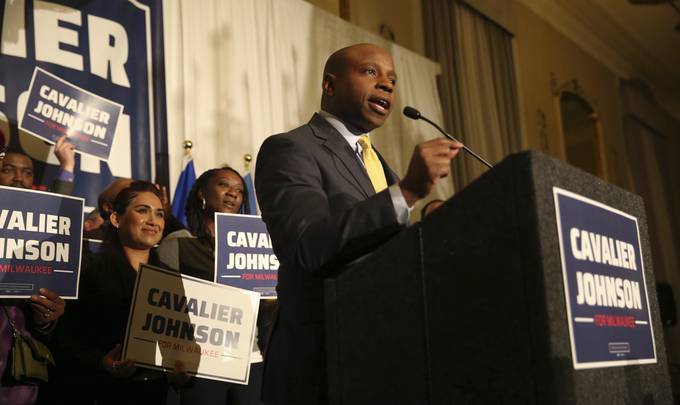Cavalier Johnson gives a victory speech after being elected Milwaukee mayor on April 5. (Angela Peterson/Milwaukee Journal-Sentinel/AP)