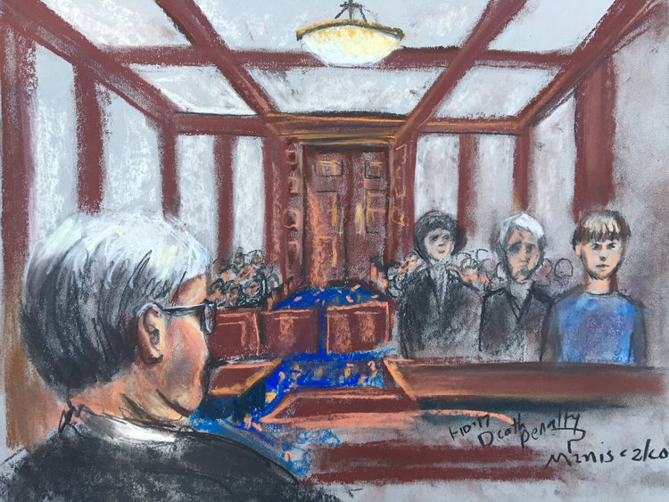 Dylann Roof, condemned to death, is shown in this courtroom sketch from yesterday. (Rob Maniscalco/Reuters)</p>  