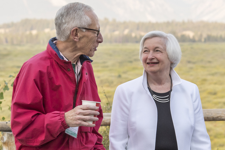 Janet Yellen, right, attends a&nbsp;Jackson Hole economic summit in Wyoming last month. (David Paul Morris/Bloomberg)</p>  