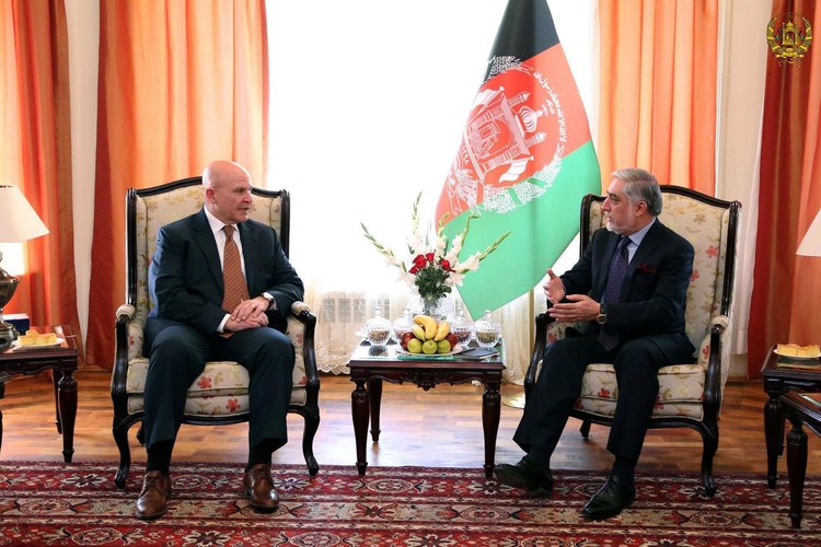 H.R. McMaster sits with Abdullah Abdullah, Afghanistan's Chief Executive, in Kabul. (EPA/Afghan Chief Executive Office Handout)</p>  