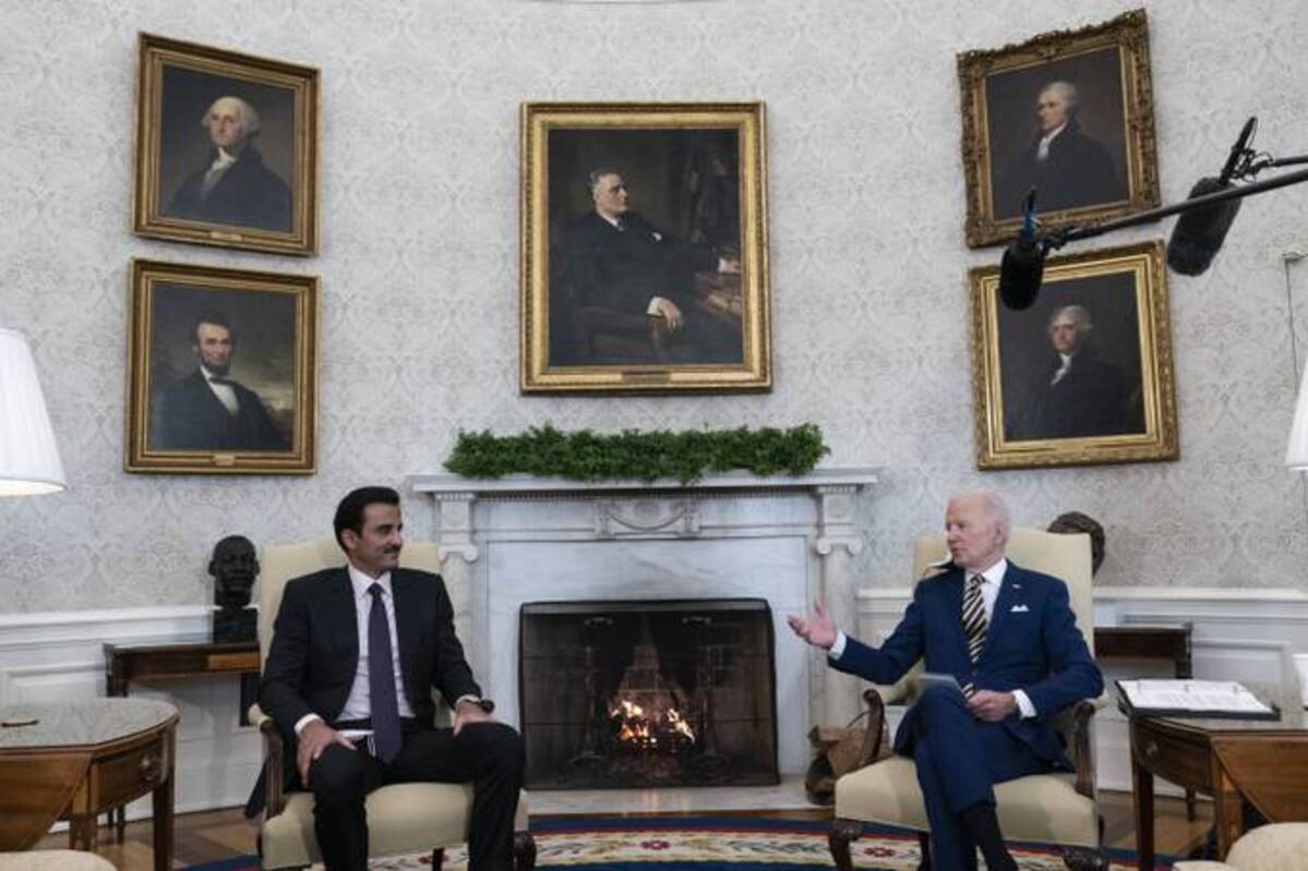 President Biden speaks during a meeting with the Qatar's Emir Sheikh Tamim bin Hamad Al Thani in the Oval Office of the White House on Monday. (Alex Brandon/AP)
