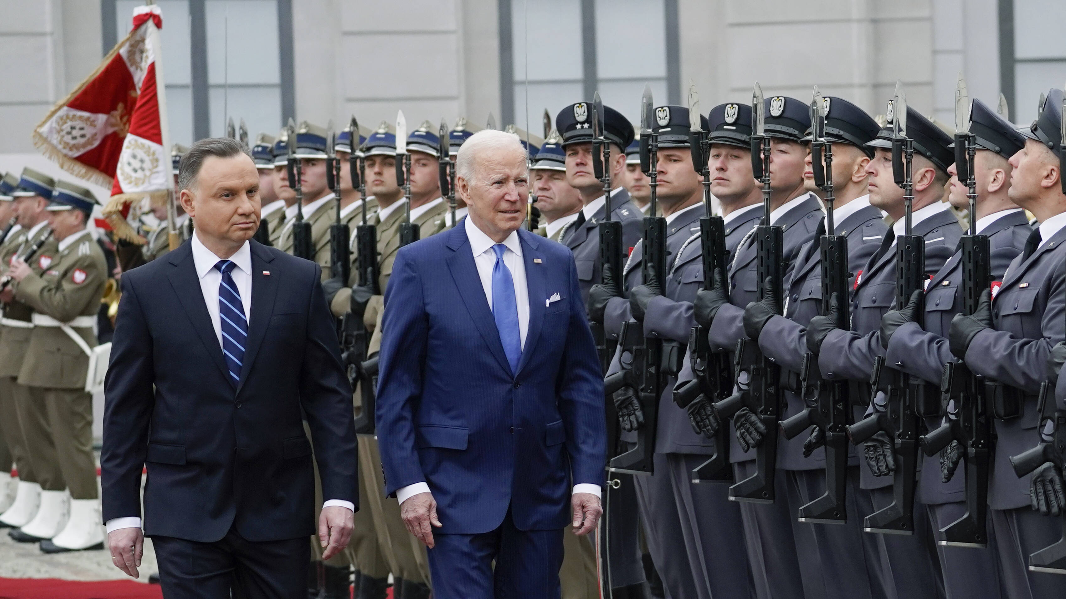 President Biden participates in an arrival ceremony with Polish President Andrzej Duda at the Presidential Palace on March 26 in Warsaw. (Evan Vucci/AP)