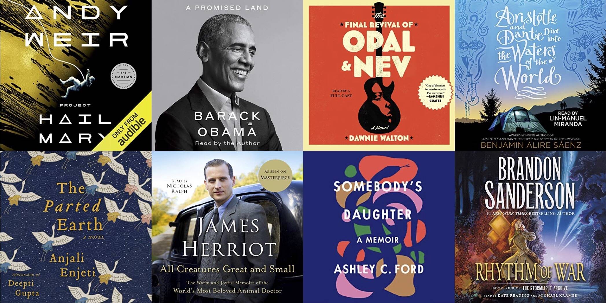 Audie Award winners (top row): Audible Studios, Penguin Random House Audio, Simon &amp; Schuster Audio, Simon &amp; Schuster Audio; (bottom row): Novel Audio, Macmillan Audio, Macmillan Audio, Macmillan Audio.&nbsp;
