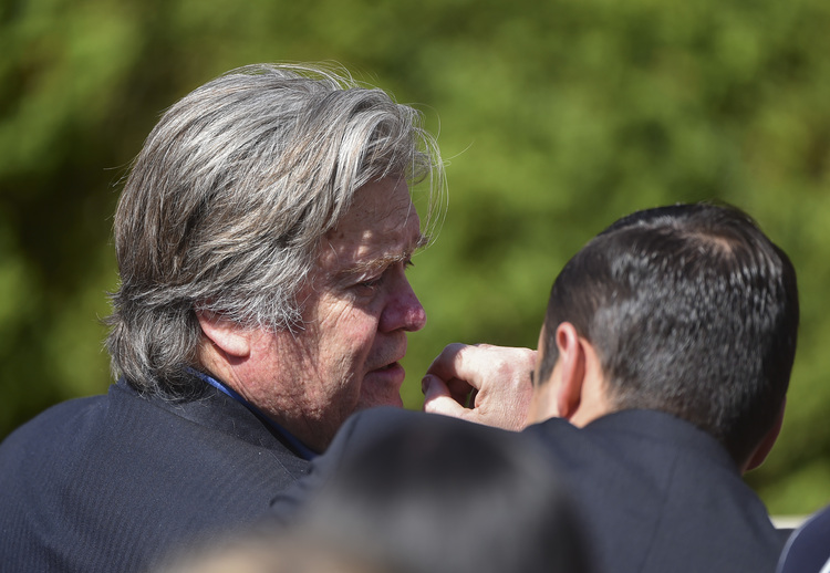 Steve Bannon chats with a guest at Neil Gorsuch's swearing-in ceremony. (Ricky Carioti/The Washington Post)</p>