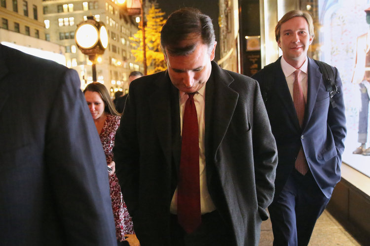 Ted Cruz departs Trump Tower last night. (Carlo Allegri/Reuters)</p>  