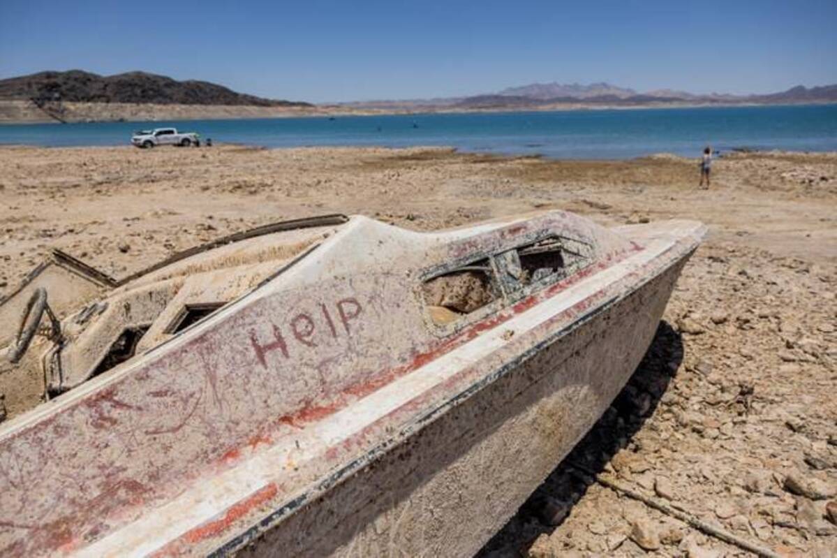 A previously submerged boat on Lake Mead on June 14, 2022 in Boulder City, Nevada. (Roger Kisby for The Washington Post)