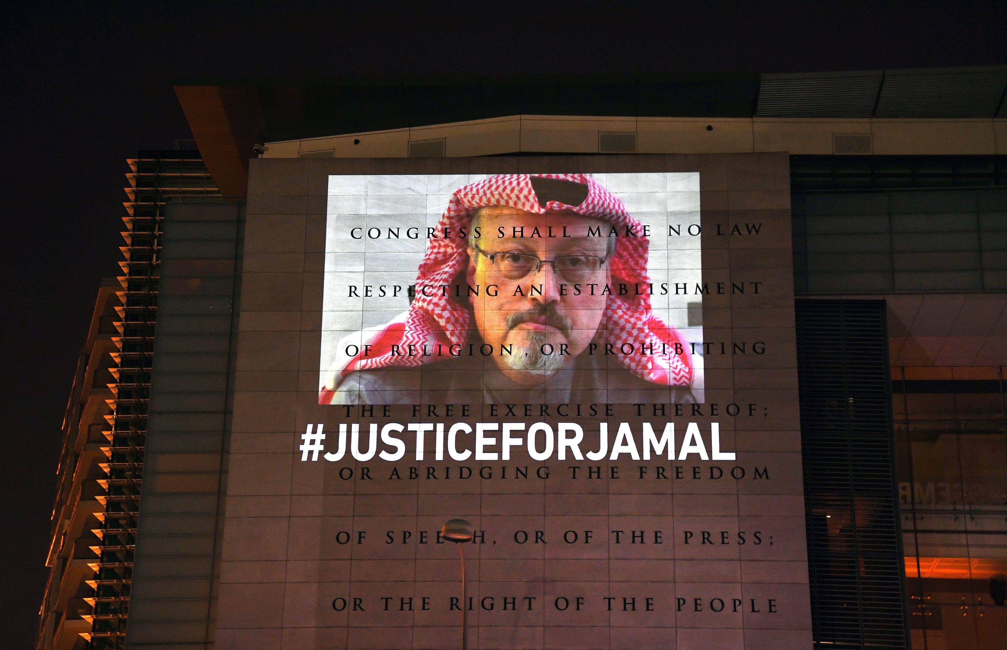An image of Jamal Khashoggi was projected onto the front of the Newseum in Washington on October 1, 2019. (Michael S. Williamson/The Washington Post)