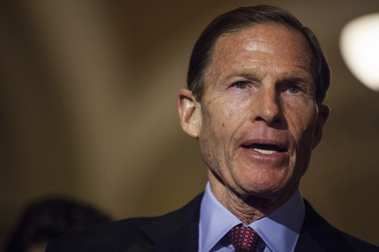 Richard Blumenthal&nbsp;speaks during a news conference&nbsp;in Washington, D.C., on May 16. (Zach Gibson/Bloomberg)</p>  