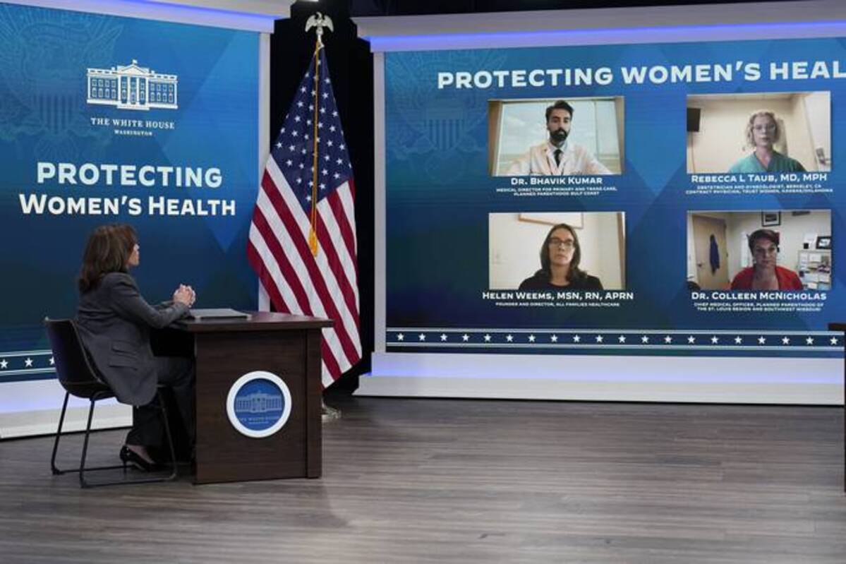 Today's coalition call will be the latest in a series of meetings Vice President Harris has had on protecting reproductive rights. (Susan Walsh/AP)