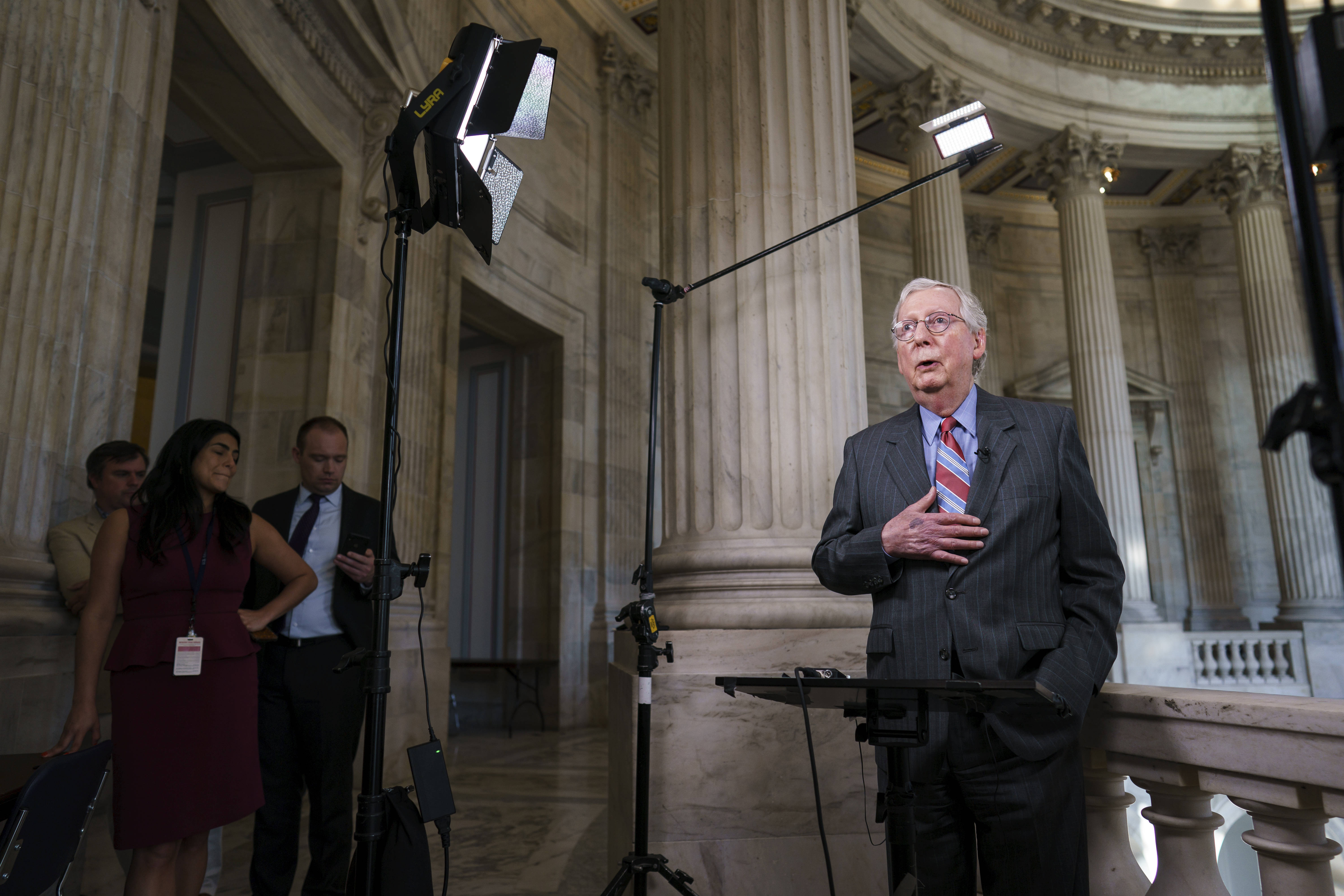 Senate Minority Leader Mitch McConnell (R-Ky.) during a cable news interview on June 23. (J. Scott Applewhite/AP)