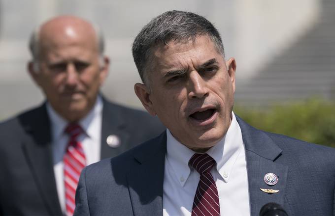 Rep. Andrew Clyde (R-Ga.) joined by Rep. Louie Gohmert (R-Texas) speaks at a June 14 news conference. (AP Photo/J. Scott Applewhite)