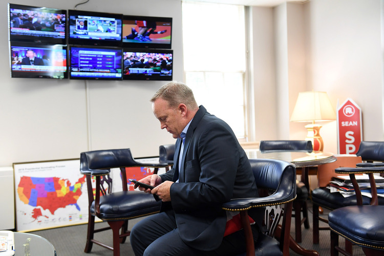 Sean Spicer in his office at RNC&nbsp;headquarters this week&nbsp;(Photo by Matt McClain/The Washington Post)</p>  