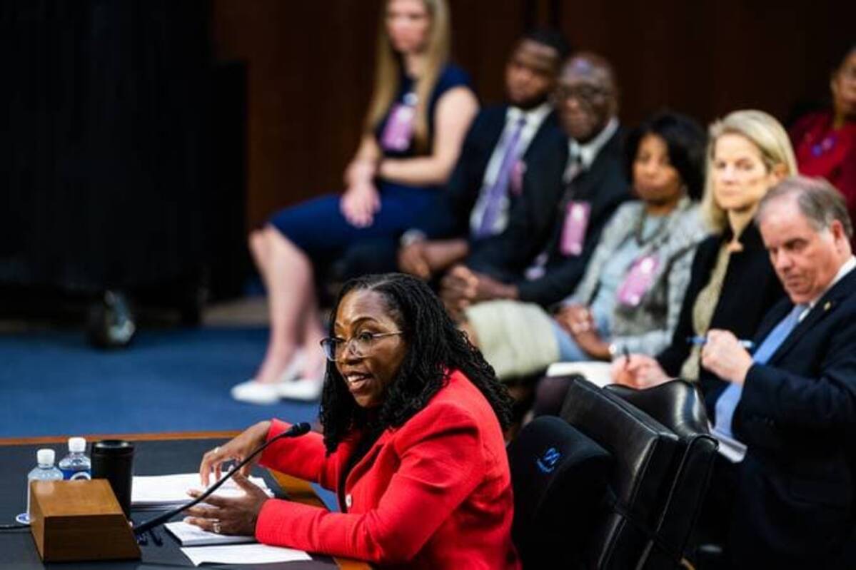 Supreme Court nominee Ketanji Brown Jackson testifies on the second day of her confirmation hearing on Capitol Hill on Tuesday. (Demetrius Freeman/The Washington Post)