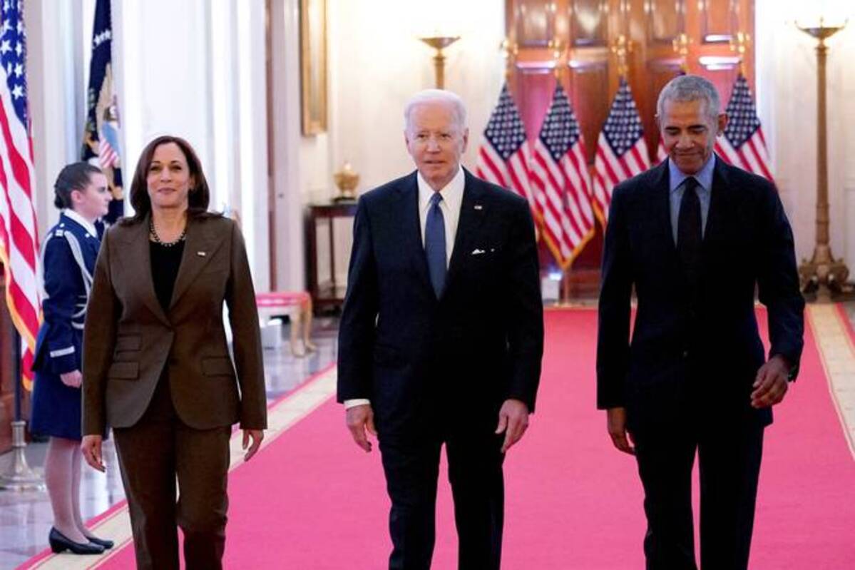 Vice President Harris, President Biden, and former president Barack Obama arrive to deliver remarks on the Affordable Care Act and Medicaid in the East Room of the White House on Tuesday. (Mandel Ngan/AFP via Getty Images)