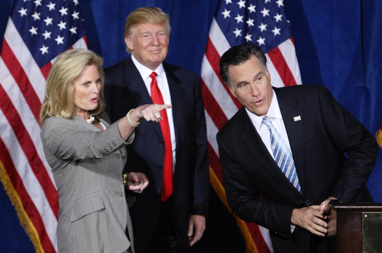 Mitt Romney accepts&nbsp;Donald Trump's endorsement&nbsp;at the Trump Hotel in Las Vegas in&nbsp;February 2012. (Steve Marcus/Reuters)</p>  