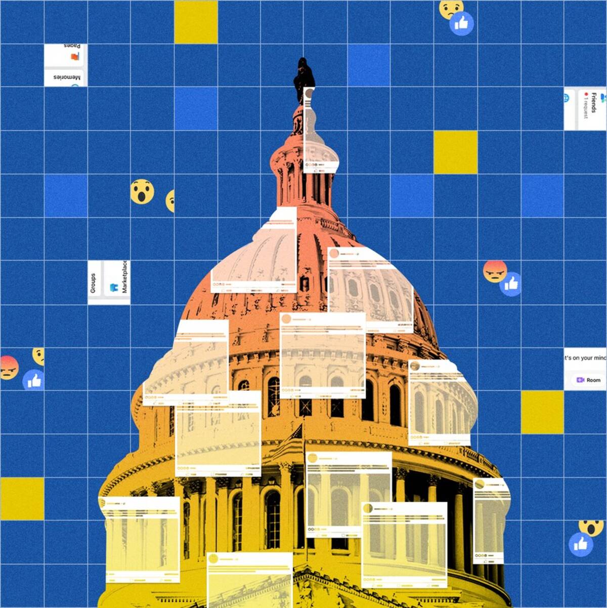 (Washington Post illustration; Facebook screenshots; iStock)