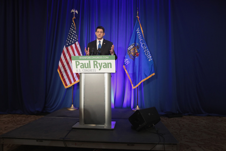 Paul Ryan speaks to the press in Janesville, Wisconsin, yesterday. (Scott Olson/Getty Images)</p>  