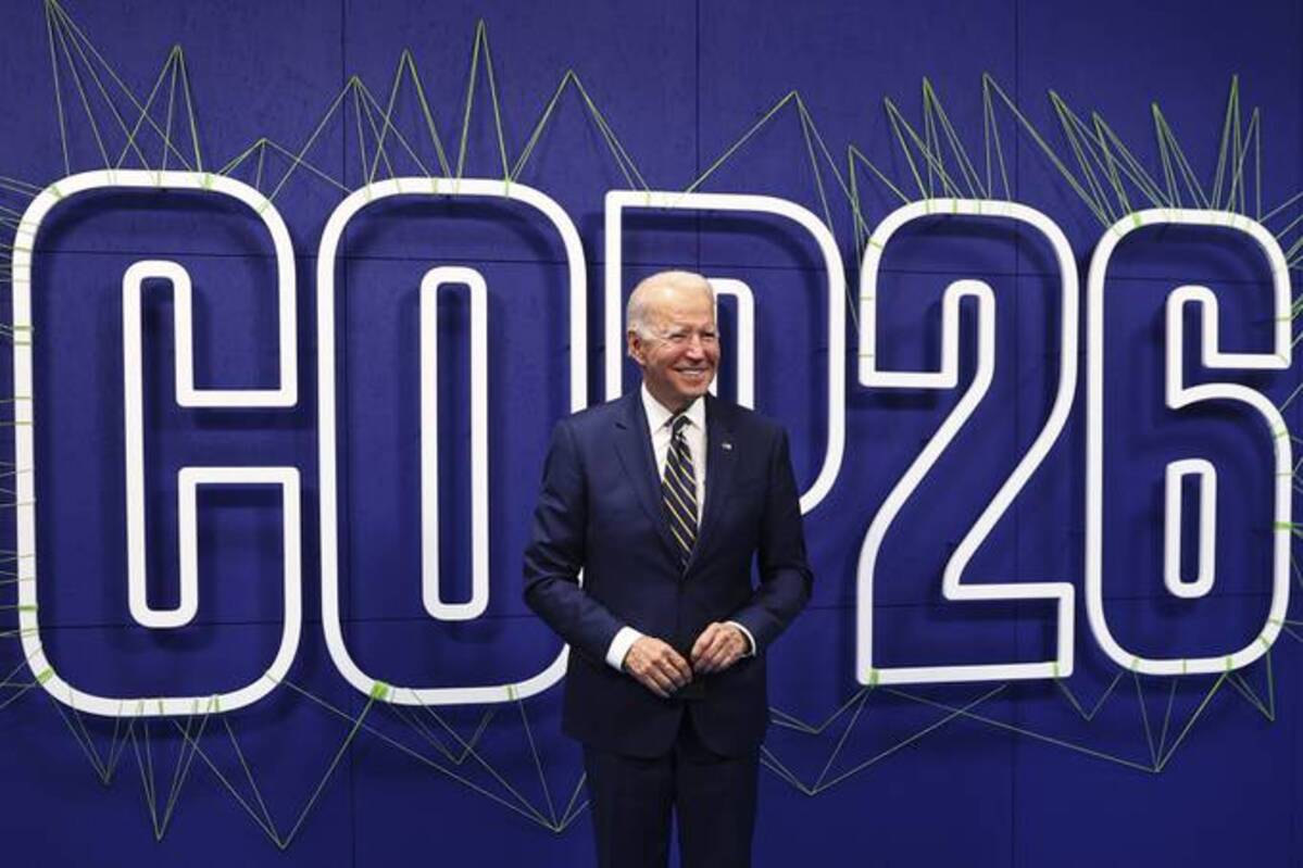 Biden arrives at the COP26 U.N. Climate Summit. (Adrian Dennis/Pool via AP).&nbsp;
