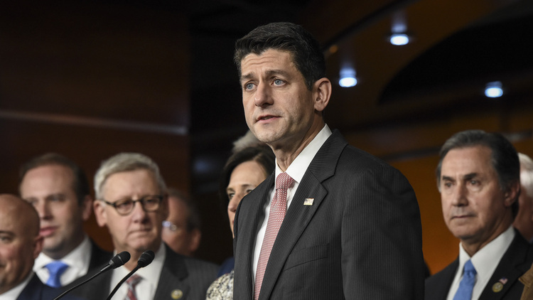 Paul Ryan speaks to reporters at a press conference. (Bill O'Leary/The Washington Post)</p>