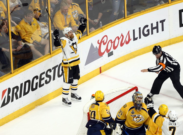 Patric Hornqvist celebrates after scoring the game-winning goal against the Predators. (Aaron Doster-USA&nbsp;Today Sports)</p>  