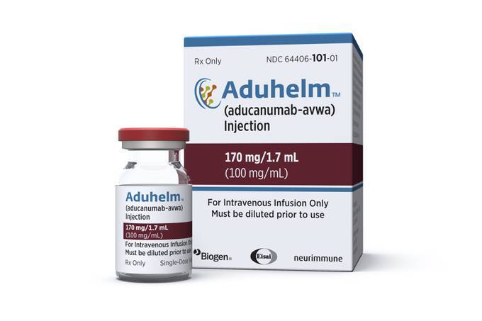A vial and packaging for the drug Aduhelm. (Biogen/AP)