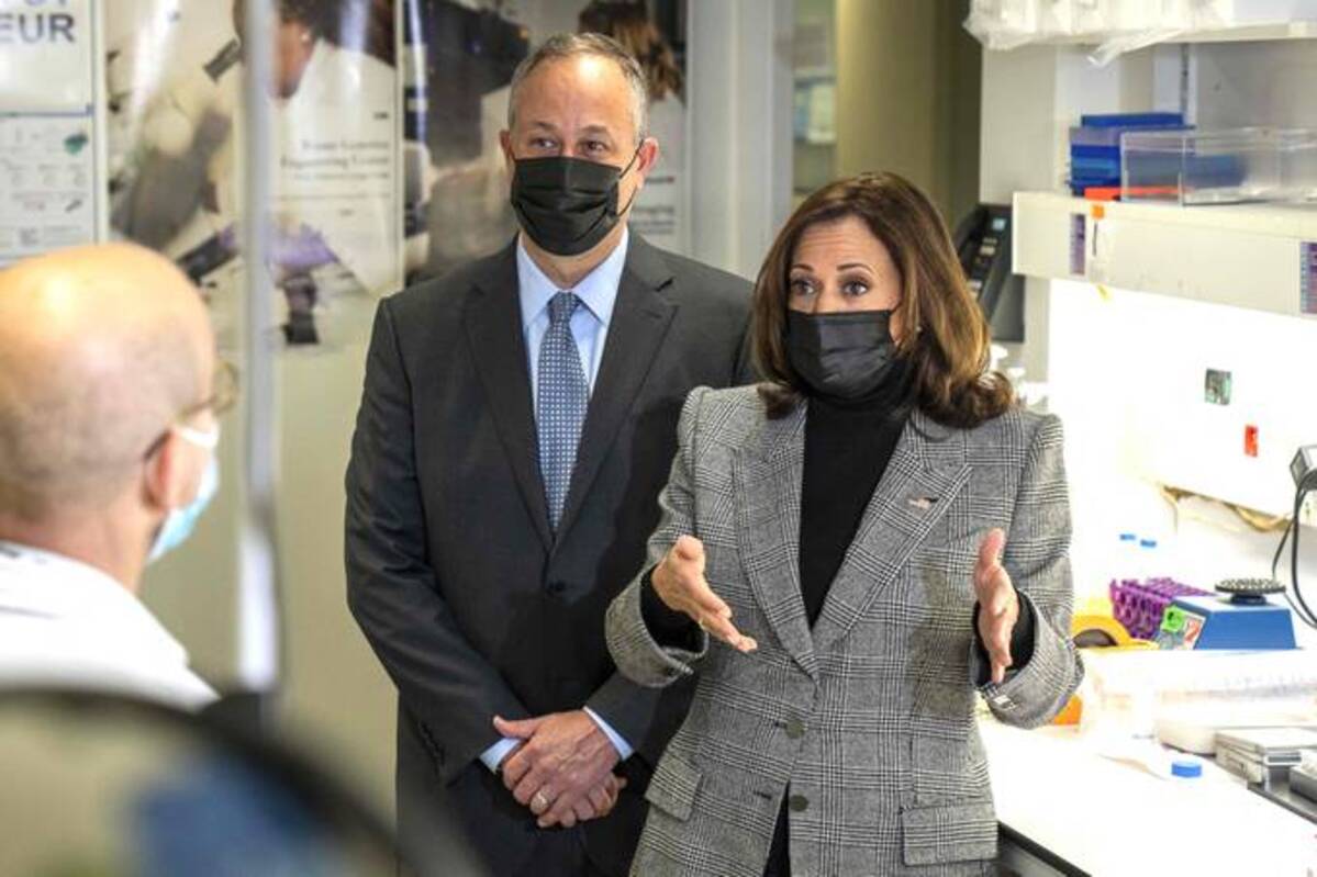Vice President Harris, flanked by Second Gentleman Doug Emhoff, speaks as she today visits the Pasteur Institute in Paris. (Photo by SARAHBETH MANEY/POOL/AFP via Getty Images)