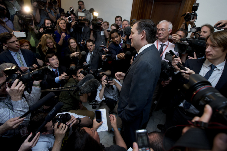 Cruz was mobbed&nbsp;by reporters outside his Senate office.&nbsp;(AP/Manuel Balce Ceneta)</p>  