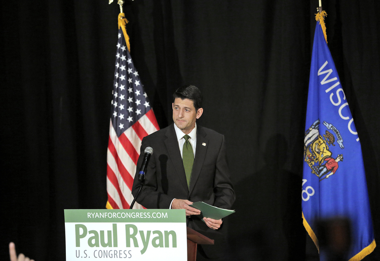 Paul Ryan after his Tuesday primary victory over&nbsp;Paul Nehlen in Wisconsin. (Anthony Wahl/The Janesville Gazette via AP)</p>  