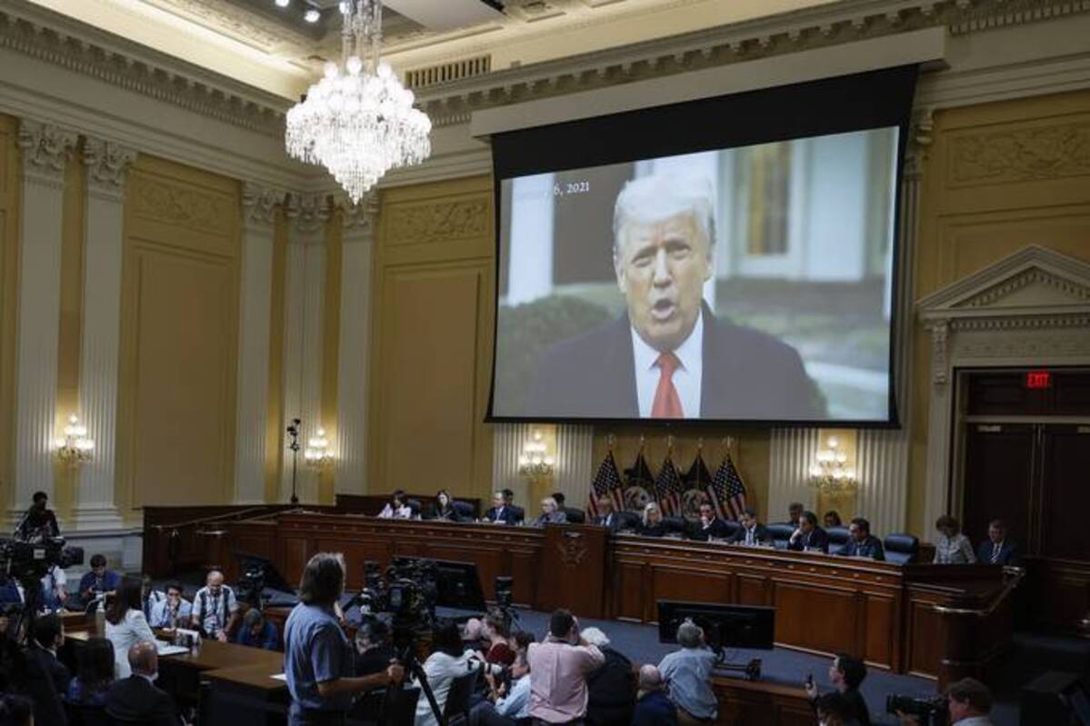 A video of former US President Donald Trump is played on a screen during a hearing of the Select Committee to Investigate the January 6th Attack on the US Capitol in Washington, D.C. on June 28, 2022. (Anna Moneymaker/Bloomberg)