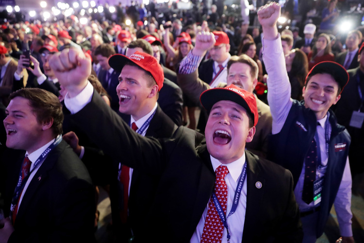 Trump supporters cheer during the election night event at the New York Hilton Midtown. (Chip Somodevilla/Getty Images)&nbsp;</p>  