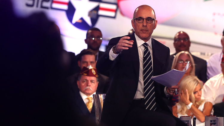 Matt Lauer moderates the NBC News Commander-in-Chief Forum on Sept. 7. The consensus view is that the "Today" show host did a terrible job.&nbsp;(Justin Sullivan/Getty Images)</p>  