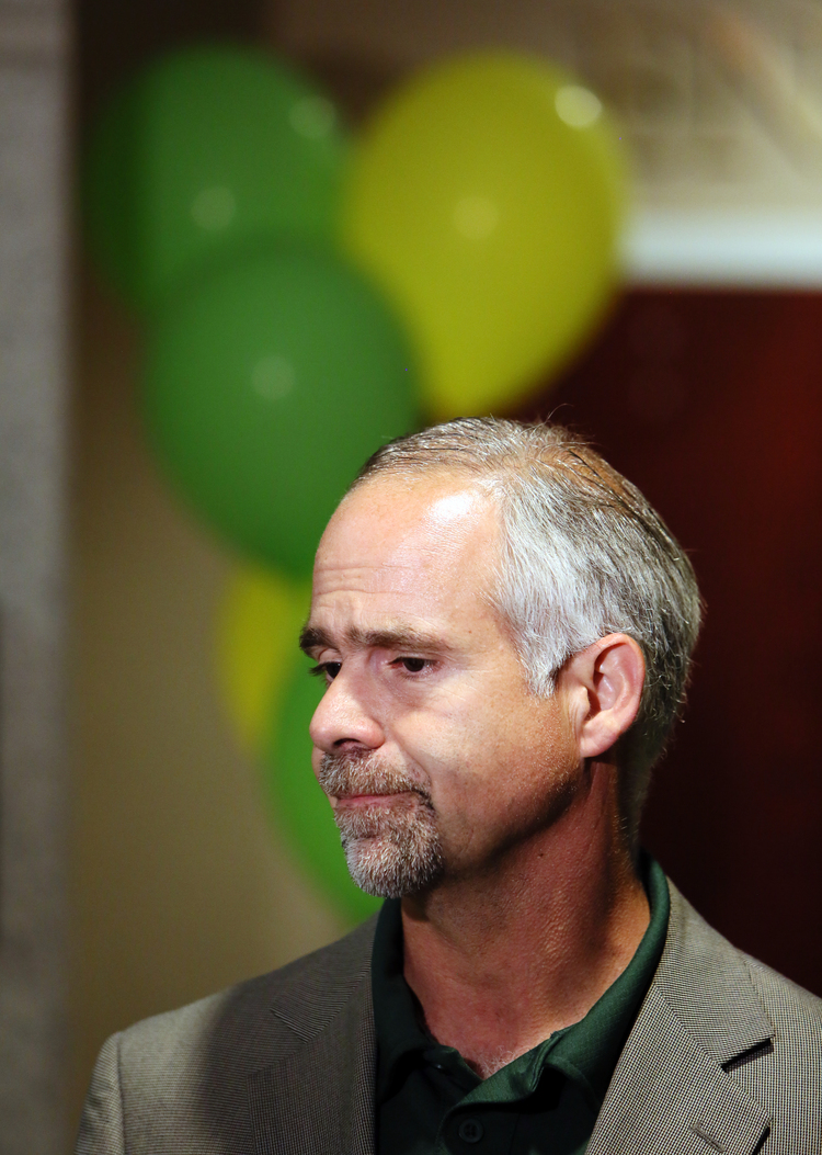 Rep. Tim Huelskamp answers questions from the media following his primary election watch party last night.&nbsp;Lindsey Bauman/The Hutchinson News via AP)</p>  