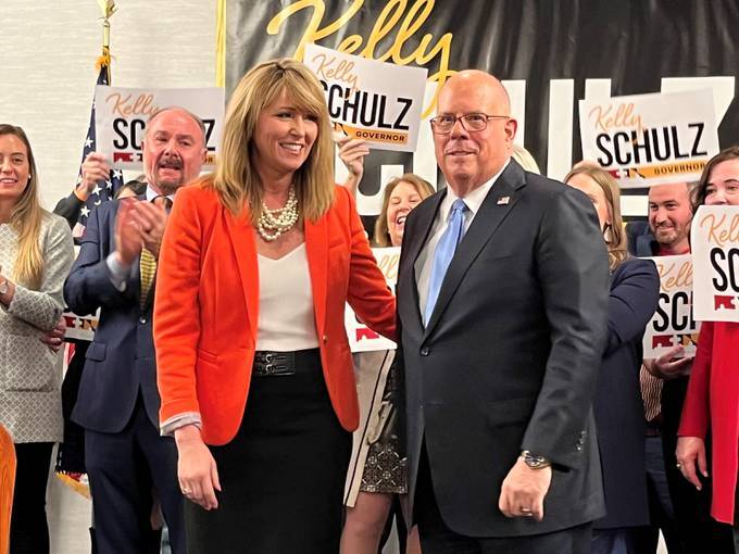 Maryland Gov. Larry Hogan (R) endorses Kelly Schulz in the Republican primary race to be the next governor on Tuesday, Mar. 22 at the Annapolis Waterfront Hotel. (The Washington Post)