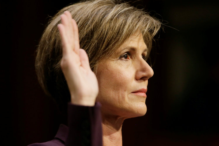 Sally Yates is sworn in prior to testifying before a Senate Judiciary Committee hearing on May 8. (Jim Bourg/Reuters)</p>  