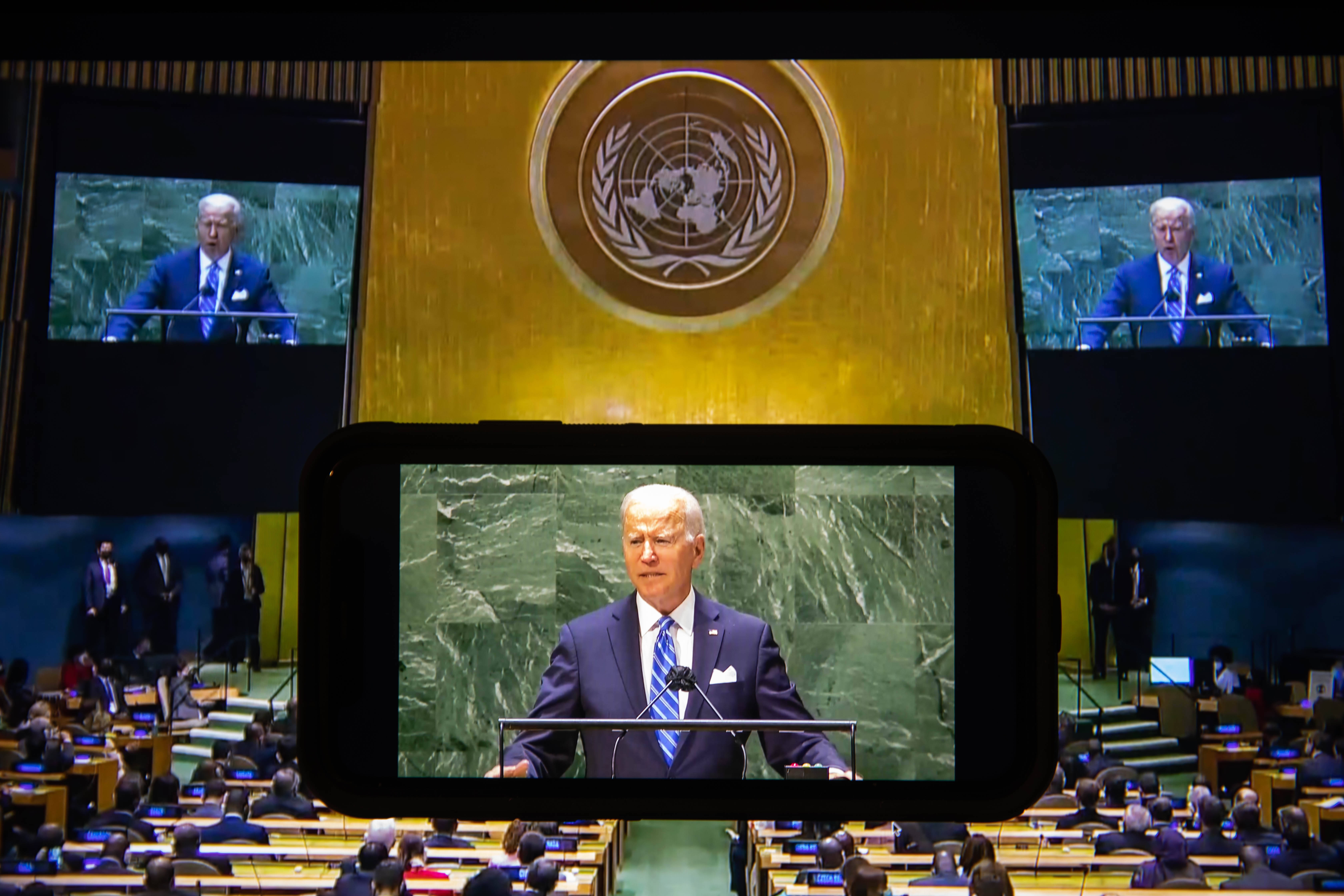 President Biden speaks during the United Nations General Assembly via live stream in New York on Tuesday. (Michael Nagle/Bloomberg)