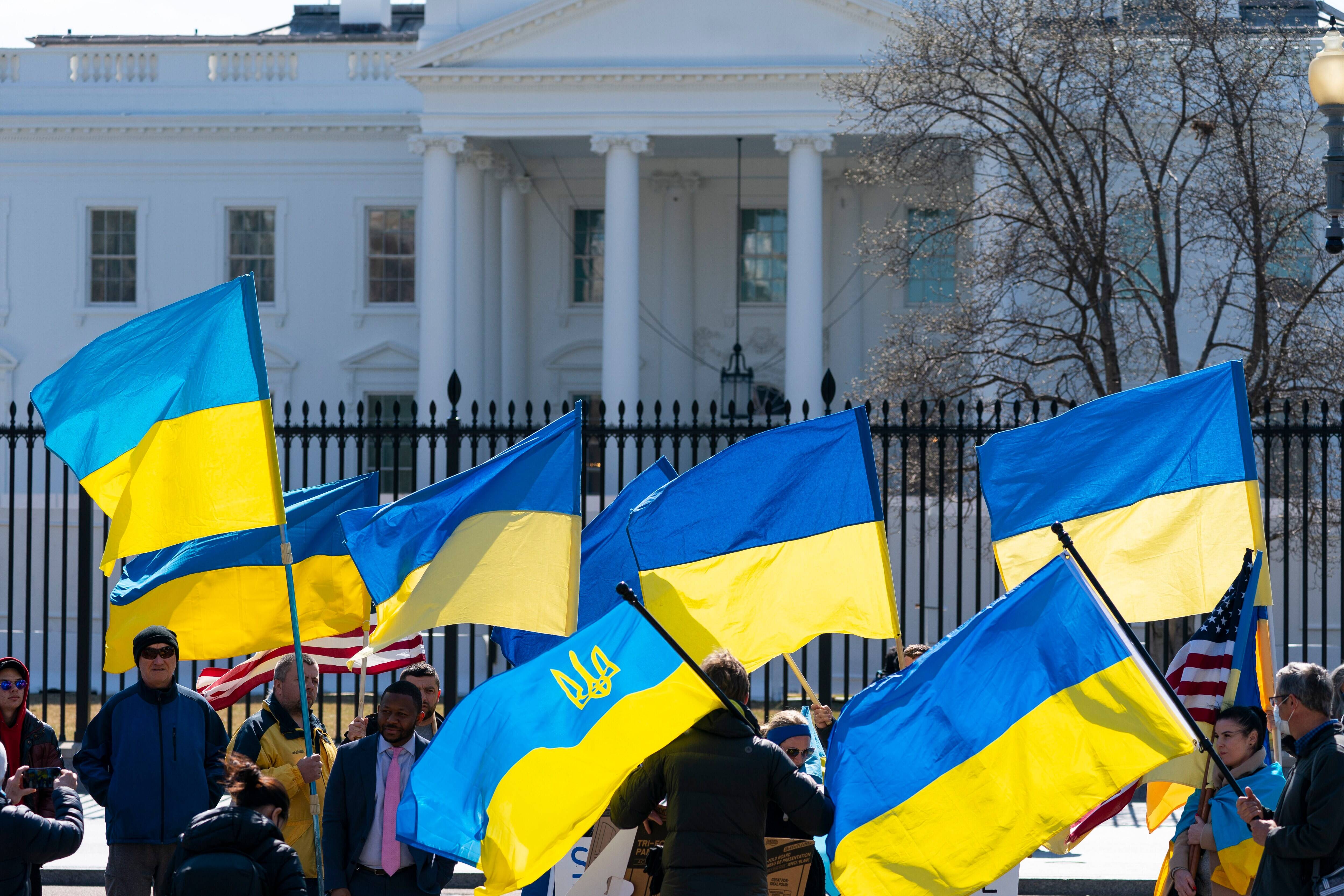 Activists rally against Russia's war in Ukraine during a protest in Lafayette Square near the White House on Monday, in Washington. (Alex Brandon/AP)