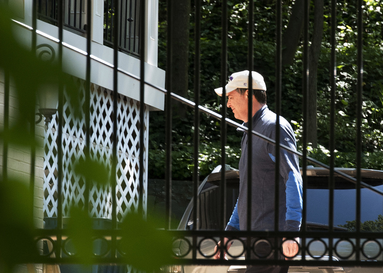 James Comey&nbsp;in the backyard of his home in McLean, Va., yesterday. (Sait Serkan Gurbuz/AP)</p>  