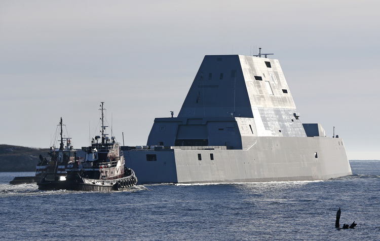 The U.S.S. Zumwult sets&nbsp;sail in Maine.&nbsp;(AP/Robert F. Bukaty)</p>  